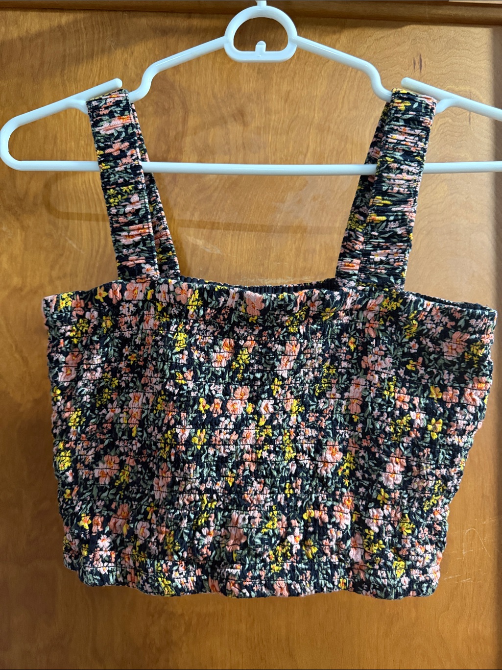 American Eagle Outfitters Black Floral Smocked Crop Top